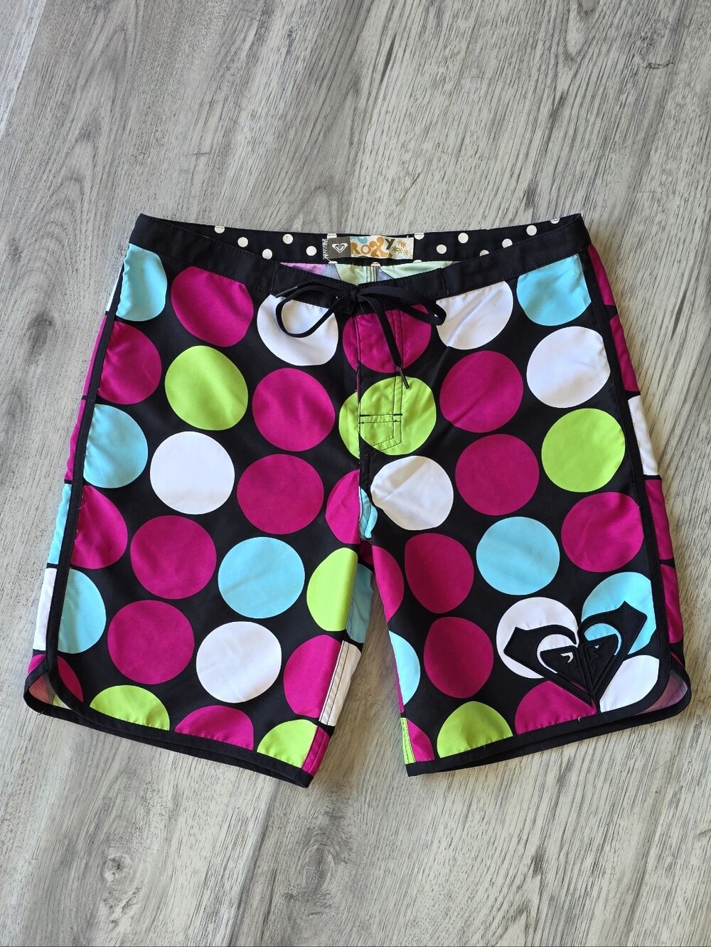 Roxy Womens Black Swim Shorts with Pink, Lime, Aqua and White Polka Dots